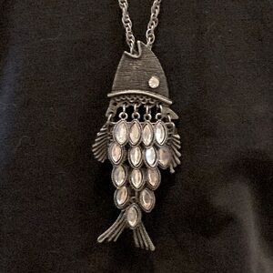 Ethel and myrtle silver fish with clear rhinestone necklace